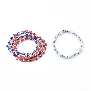 Handmade Round Evil Eye Lampwork Beaded Stretch Bracelets, with Alloy Spacer Beads, Antique Silver, Mixed Color, Inner Diameter: 2 inch(5.2cm)