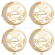 6Pcs Clear Cubic Zirconia Moon with Star Brooch Pin, Brass Badge with Loop for Backpack Clothes Pendant Jewelry, Real 18K Gold Plated, 26x24x8mm, Hole: 1.4mm(JEWB-BBC0001-02)