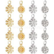 16Pcs 4 Styles Brass Charms, with Jump Ring, Sunflower & Flower, Mixed Color, 11x8.5~9x2mm, Hole: 3mm, 4pcs/style(KK-BC0010-05)