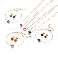 304 Stainless Steel Jewelry Sets, with Rhinestone, Cable Chains Necklaces, Bracelets and Stud Earrings, with Ear Nuts/Earring Back, Flat Round, Golden, Mixed Color, 17.9 inches(45.5cm), 6-3/4 inches(17cm), 16x9.5x4mm, Pin: 0.7mm(SJEW-F213-11-G)