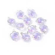 Glass Links connectors, with Eco-Friendly Alloy Open Back Berzel Findings, Flower, Silver Color Plated, Lilac, 15.5x12x5mm, Hole: 1.4mm(X-GLAA-A037-A-10S)