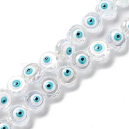 Transparent Evil Eye Glass Beads Strands, with Enamel, Faceted, Flat Round, White, 10x8~8.5mm, Hole: 1.4mm, about 40pcs/strand, 14.57''(37cm)(LAMP-K037-06G)
