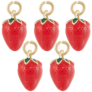 5Pcs Brass Enamel Charms, Long-Lasting Plated, with Jump Ring, Strawberry Shape, Real 18K Gold Plated, Red, 11.5x7.5x7mm, Hole: 2mm(KK-CN0002-64)