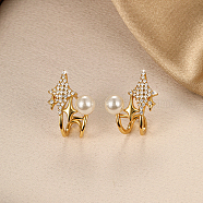 Brass Star Stud Earrings with Shell Pearl, Clear Cubic Zirconia Half Hoop Earrings, Real 18K Gold Plated, 17x13mm(SG5479)