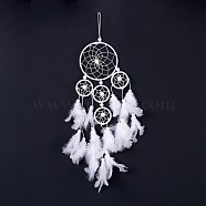 Native Style Five Rings Woven Net/Web with Feather Wall Hanging Decoration, with Wooden Beads, for Home Offices Amulet Ornament, White, 558x260x10.8mm, Pendant: 450mmx260mm(HJEW-A002-02)
