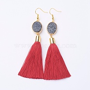 Ice Silk Thread Tassel Dangle Earrings, with Electroplated Natural Druzy Quartz Crystal and Brass Earring Hooks, Golden, FireBrick, 98mm, Pin: 0.6mmg, Pendant: 80x14x7mm(EJEW-P142-B06)