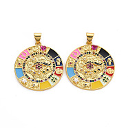 Brass Micro Pave Cubic Zirconia Pendants, with Enamel, Cadmium Free & Nickel Free & Lead Free, Real 16K Gold Plated, Flat Round, Mixed Color, 27.5x25x3mm, Hole: 3x5mm(KK-Q283-038-NR)