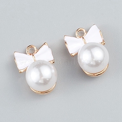 Alloy Enamel Pendants, with Resin Imitation Pearl, Round with Bowknot, Light Gold , White, 20x14x12.5mm, Hole: 2.5mm(TA-TAC0001-07C)