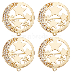 6Pcs Clear Cubic Zirconia Moon with Star Brooch Pin, Brass Badge with Loop for Backpack Clothes Pendant Jewelry, Real 18K Gold Plated, 26x24x8mm, Hole: 1.4mm(JEWB-BBC0001-02)