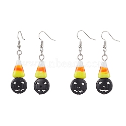 Halloween Candy Corn Handmade Lampwork Dangle Earrings, Black Pumpkin Synthetic Turquoise Brass Jewelry for Women, Platinum, Colorful, 58x15mm(EJEW-JE05870)