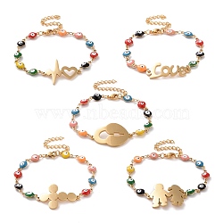 Vacuum Plating 304 Stainless Steel Link Bracelet with Colorful Enamel Evil Eye Chains for Women, Golden, 6-3/4 inch(17cm)(BJEW-B062-07G)