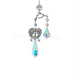 Glass Teardrop Pendant Decorations, Alloy Heart with Tree of Life Hanging Suncatchers, for Home, Car Interior Ornaments, Clear AB, 410mm(TREE-PW0003-19)