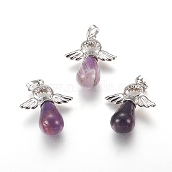 Natural Amethyst Pendants, with Brass Findings, Angel, Platinum, 36~38x29x13mm, Hole: 5x8mm(G-E390-15P)