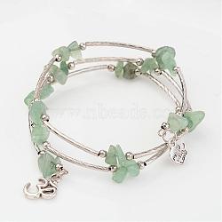 Three Loops Natural Green Aventurine Beaded Wrap Bracelets, with Brass Tube Beads and Tibetan Style Om Symbol Pendants, 55mm(BJEW-JB02331-01)