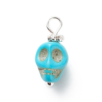 Synthetic Turquoise Pendants, with Silver Tone Brass Findings, Halloween Skull Charm, Dyed, Turquoise, 17x8x9mm, Hole: 2.6mm