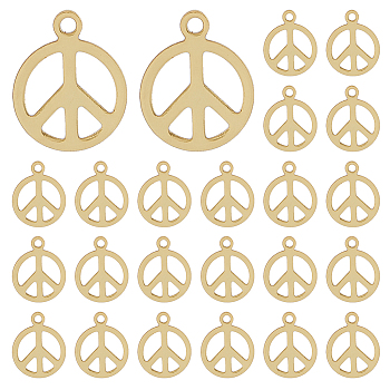 HOBBIESAY 30Pcs Rack Plating Brass Charms, Long-Lasting Plated, Cadmium Free & Nickel Free & Lead Free, Flat Round with Peace Sign Charm, Real 18K Gold Plated, 10x8x0.5mm, Hole: 1mm