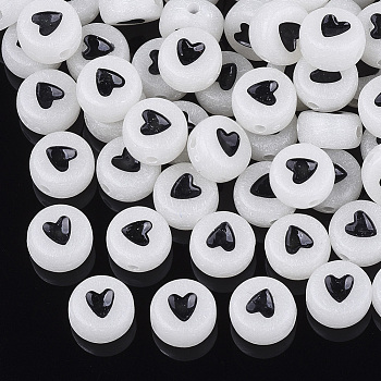 Luminous Acrylic Beads, Flat Round with Heart, Creamy White, 7x3.5~4mm, Hole: 1.2mm, about 3590pcs/500g