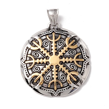 304 Stainless Steel Pendants, Ion Plating(IP), Flat Round, Antique Silver & Golden, 42x38x6mm, Hole: 8.5x4mm
