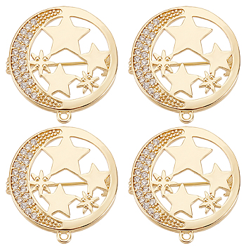 6Pcs Clear Cubic Zirconia Moon with Star Brooch Pin, Brass Badge with Loop for Backpack Clothes Pendant Jewelry, Real 18K Gold Plated, 26x24x8mm, Hole: 1.4mm
