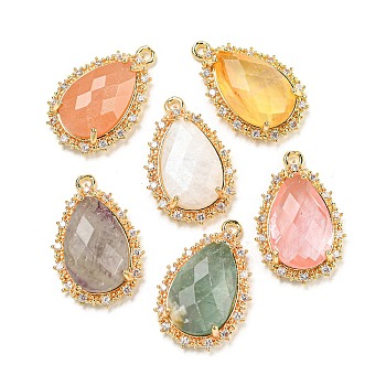 Natural & Synthetic Mixed Gemstone Faceted Pendants, Rack Plating Brass Pave Clear Cubic Zirconia Teardrop Charms, Golden, 23.5~24x15~15.5x6mm, Hole: 1.2mm