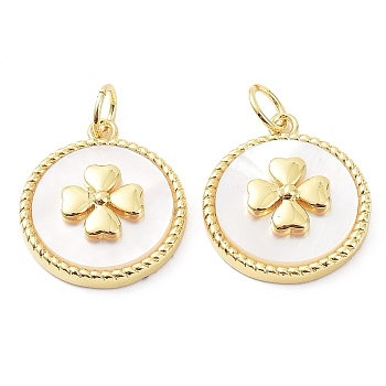 Rack Plating Brass Pendants, Shell Flat Round with Clover Charms, Cadmium Free & Lead Free, Real 18K Gold Plated, 17x14.5x4mm, Hole: 3.4mm