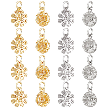16Pcs 4 Styles Brass Charms, with Jump Ring, Sunflower & Flower, Mixed Color, 11x8.5~9x2mm, Hole: 3mm, 4pcs/style