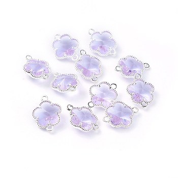 Glass Links connectors, with Eco-Friendly Alloy Open Back Berzel Findings, Flower, Silver Color Plated, Lilac, 15.5x12x5mm, Hole: 1.4mm