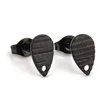 304 Stainless Steel Stud Earring Findings, with Hole, Grooved Teardrop, Electrophoresis Black, 10x6mm, Hole: 1mm, Pin: 0.8mm