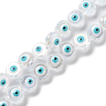 Transparent Evil Eye Glass Beads Strands, with Enamel, Faceted, Flat Round, White, 10x8~8.5mm, Hole: 1.4mm, about 40pcs/strand, 14.57''(37cm)