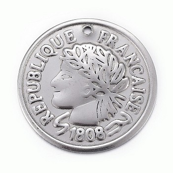 304 Stainless Steel Coin Pendants, Flat Round with Marianne & Word Republique Francaise, Antique Silver, 20x1mm, Hole: 1mm
