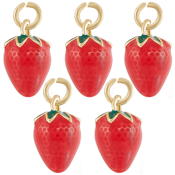 5Pcs Brass Enamel Charms, Long-Lasting Plated, with Jump Ring, Strawberry Shape, Real 18K Gold Plated, Red, 11.5x7.5x7mm, Hole: 2mm