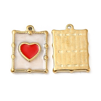 Vacuum Plating 201 Stainless Steel Enamel Pendants, Real 18K Gold Plated, Rectangle with Heart Charm, Red, 20.5x15x2.5mm, Hole: 1.2mm