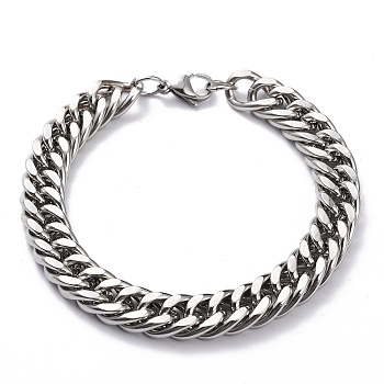 304 Stainless Steel Cuban Link Chain Bracelets, with Lobster Claw Clasps, Faceted, Stainless Steel Color, 8-7/8x3/8 inch(22.5x1cm)