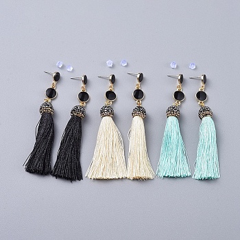 Nylon Tassel Earrings, with Brass Rhinestone Findings and Alloy Enamel Stud Earring Findings, with Plastic Ear Nuts, Mixed Color, 90mm, Pin: 0.8mm