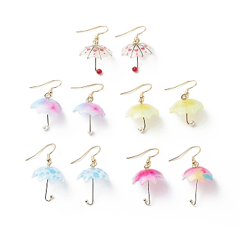 5 Pairs 5 Color Acrylic Umbrella with ABS Plastic Beaded Dangle Earrings, 304 Stainless Steel Jewelry for Women, Mixed Color, 37mm, Pin: 0.6mm, 1 Pair/color