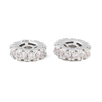 Brass Micro Pave Clear Cubic Zirconia Beads, Gear, Rack Plating, Long-Lasting Plated, Lead Free & Cadmium Free, Platinum, 6x2mm, Hole: 1mm