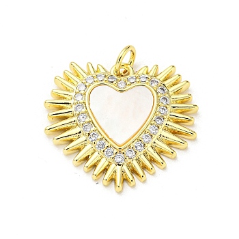 Brass Pendant, with Cubic Zirconia and Freshwater Shell, Heart, Real 16K Gold Plated, 20.5x22.5x3mm