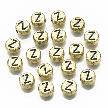 Plating Acrylic Beads, Horizontal Hole, Flat Round with Letter, Golden Plated, Black, Letter.Z, 7x4mm, Hole: 1.2mm, about 3600pcs/500g.