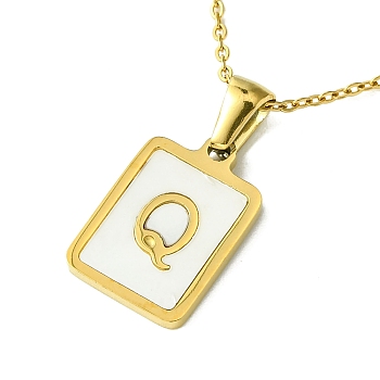 Ion Plating(IP) Rectangle with Initial Letter 304 Stainless Steel Pendant Necklace, white Shell, Real 18K Gold Plated, Letter Q, 16.06 inch(40.8cm)