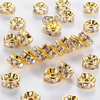 Brass Rhinestone Spacer Beads, Grade AAA, Straight Flange, Nickel Free, Golden Metal Color, Rondelle, Crystal, 8x3.8mm, Hole: 1.5mm