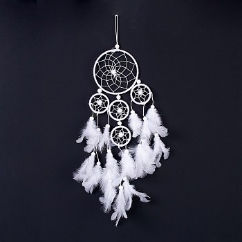 Native Style Five Rings Woven Net/Web with Feather Wall Hanging Decoration, with Wooden Beads, for Home Offices Amulet Ornament, White, 558x260x10.8mm, Pendant: 450mmx260mm