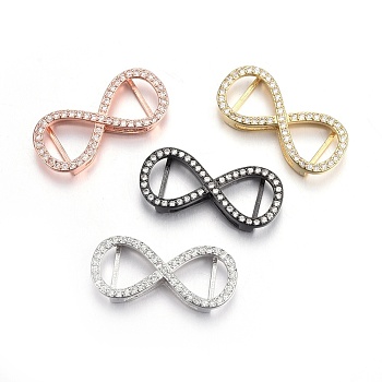 Brass Micro Pave Cubic Zirconia Slide Charms, Long-Lasting Plated, Cadmium Free & Nickel Free & Lead Free, Infinity, Clear, Mixed Color, 12x28x4.5mm, Hole: 1.5x10mm