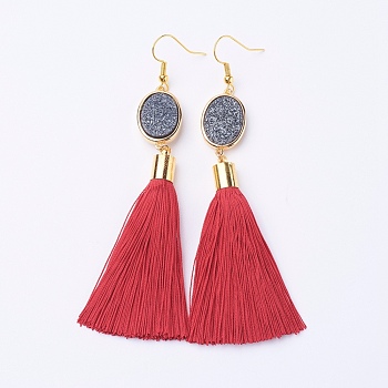 Ice Silk Thread Tassel Dangle Earrings, with Electroplated Natural Druzy Quartz Crystal and Brass Earring Hooks, Golden, FireBrick, 98mm, Pin: 0.6mmg, Pendant: 80x14x7mm