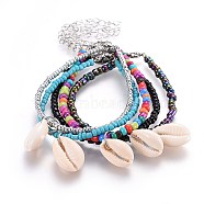 Glass Seed Beads Charm Bracelets, with Cowrie Shell Beads, Brass Finding, Iron Finding and 304 Stainless Steel Lobster Claw Clasps, 7-3/8 inch(18.6cm), 5pcs/set(BJEW-JB04148)