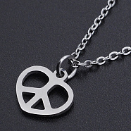 201 Stainless Steel Pendant Necklaces, with Cable Chains and Lobster Claw Clasps, heart Peace Sign, Stainless Steel Color, 15.74 inch(40cm), 1.5mm(NJEW-S105-JN579-40-1)