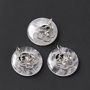 Natural Quartz Crystal Pendants, Rock Crystal Pendants, Flat Round Charms, with Platinum Tone Brass Flower with Butterfly Findings, Cadmium Free & Nickel Free & Lead Free, 30~35x28~32x10~10.5mm, Hole: 2mm(G-P484-01P-03)