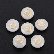 Natural Freshwater Shell Beads, with Golden Plated Brass Metal Embellishments, Flat Round with Moon & Flower, Seashell Color, 8x3.5mm, Hole: 0.7mm(SHEL-S278-057)