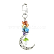 Moon Alloy Pendant Decoraiton, with Gemstone Chip Beads and Mushroom Handmade Lampwork Beads, Alloy Swivel Clasps, Chakra, Yellow Green, 103mm(HJEW-JM01393-01)