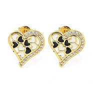 Heart Real 18K Gold Plated Brass Stud Earrings, with Enamel and Cubic Zirconia, Black, 13.5x12.5mm(EJEW-L269-106G-01)