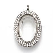 Alloy Magnetic Locket Pendants, with Rhinestone and Glass, Oval, Faceted, Crystal, Gunmetal, 46x30x16mm, Hole: 4mm, Inner Measure: 25x5mm(PALLOY-T052-26B)